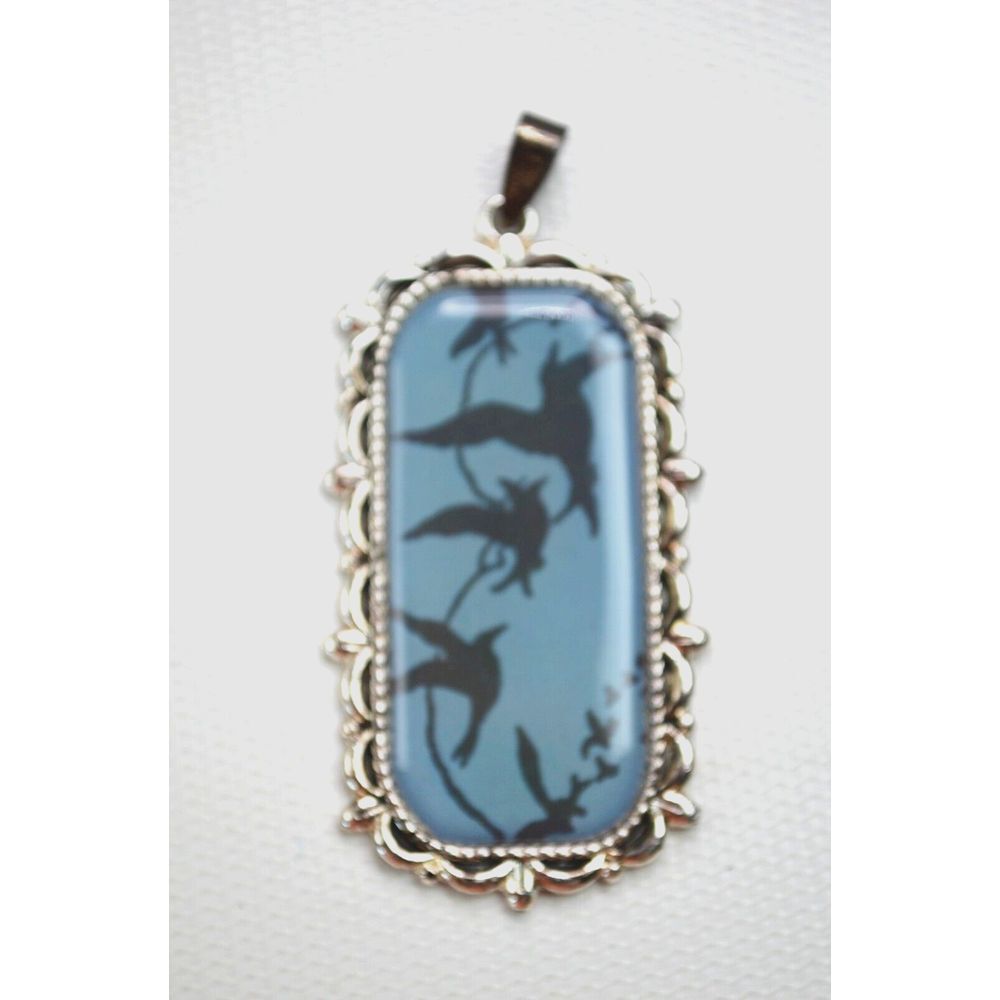 Silver Tone Pendant Blue Background with Black Silhouette Birds 2.5"